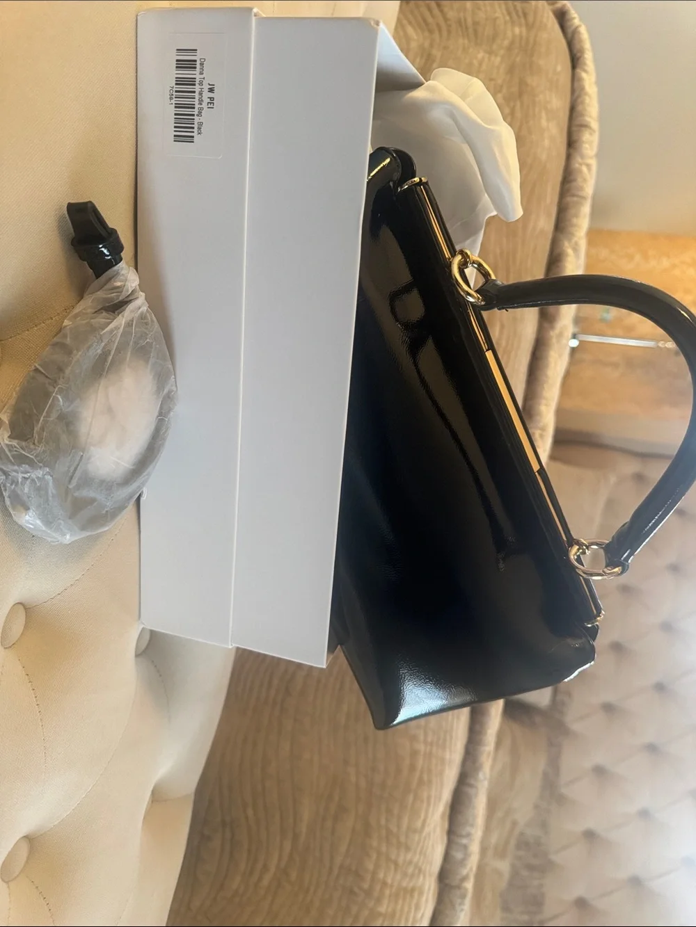 JW PEI Black Patent Top-Handle Clutch with Gold Hardware
